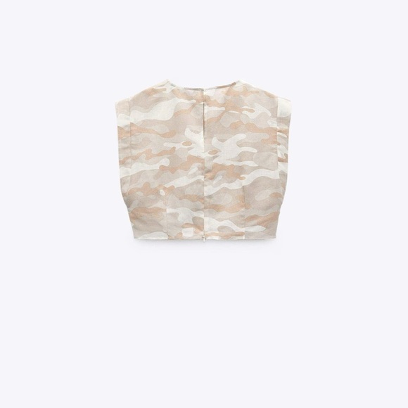 Zara Womenβs Printed Blouse Cream & White Camo Patterned Crop Top (Light Camel) - Picture 2 of 9